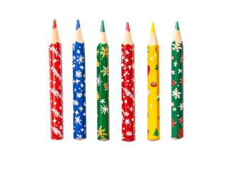 Six colorful patterned pencils standing upright isolated on transparent background