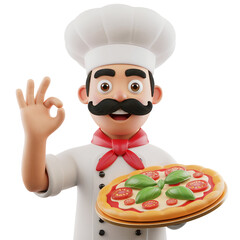 Cartoon Italian Chef Holding Pizza and Showing Okay Gesture isolated on a transparent background