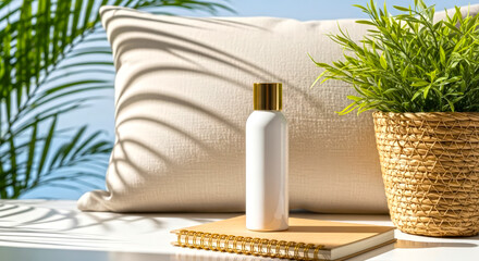 Modern White Bottle on Table with Plant and Pillow in Bright Room