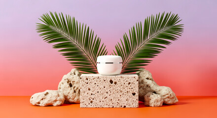 Serene Skincare Display with Tropical Leaves and Textured Background