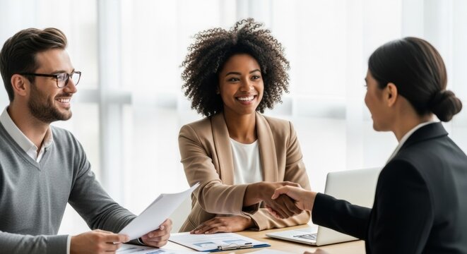 Successful Job Interview: Smiling African American Woman Shaking Hands with Interviewer
