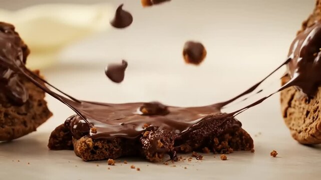 Freshly baked chocolate chip cookies with melted chocolate filling, set on a light surface, inviting indulgence