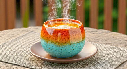 Colorful Ceramic Cup with Hot Beverage on a Cozy Outdoor Setting