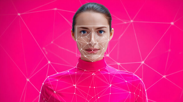 Woman with facial recognition overlay in front of a vibrant pink background exploring technological advances in AI identity verification