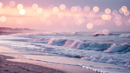 Soft pink and purple sunset over a gentle ocean wave beach