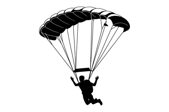 Silhouette illustration of a skydiver with a parachute descending through the air in black and white style