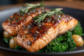 Grilled salmon fillets with herbs on bed of broccoli and potatoes
