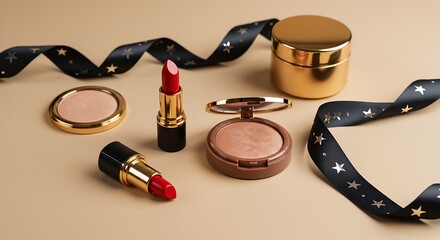 Luxury Makeup Flatlay with Red Lipstick, Shimmer Compact, and Gold Accents on Peach Background