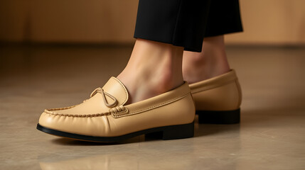 Beige women is leather moccasins from the 2025 spring-summer collection, worn by a model in black tailored trousers, elegant and modern shoe fashion