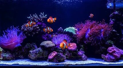 Vibrant Pacific Reef Life With Neon Orange Clownfish Dancing Among Purple Anemone Tentacles. Generative Ai