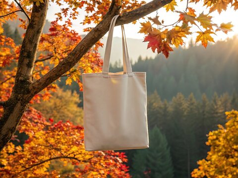 Canvas tote bag hanging on a tree branch with colorful autumn leaves and forest background - Powered by Adobe