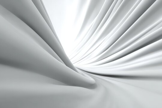 Abstract white scene of smooth curving parallel structures converges towards a bright unclear background creating a tunnel effect
