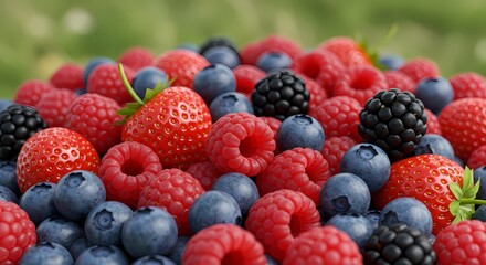 Close - up of Berries: Intertwined Strawberries and Blueberries, Showing Summer Freshness and Vitality