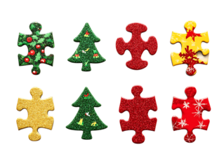 Collection of christmas themed glitter puzzle pieces isolated on transparent background