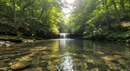 Forest Stream and Waterfall, Cool Secret Place in Summer Nature