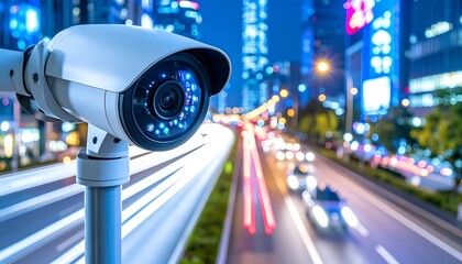 Security camera overlooking busy city night