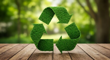 Recycling Symbol on Wooden Surface – Eco-Friendly Concept with Rustic Natural Background