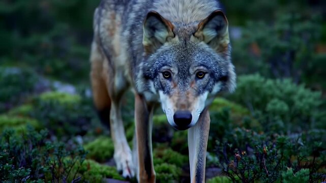 Majestic Grey Wolf Strolling among Green Foliage in Soft Natural Light Outdoor Setting