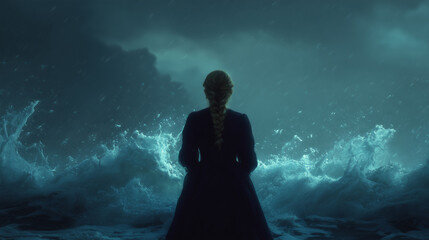 Obraz premium victorian or viking woman standing alone by a stormy sea under dramatic sky — perfect for book covers, historical fiction, emotional storytelling, or gothic fantasy posters 