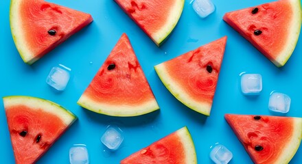 Creatively Arranged Watermelon Slices with Smiley Patterns on Blue Background, Showing Summer Fun