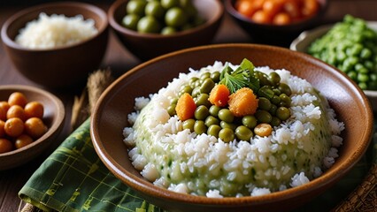 Healthy Vegetable Rice Bowl with Peas and Carrots – Clean Eating Concept