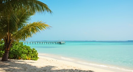 Fototapeta premium Seaside Pier Under Coconut Shadows: A Romantic Seaside Symbol Connecting Land and Sea, Set Off by Coconut Trees and Blue Sky
