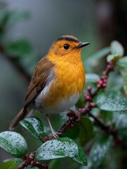 Orange-breasted robin bird perched on wet branch in nature