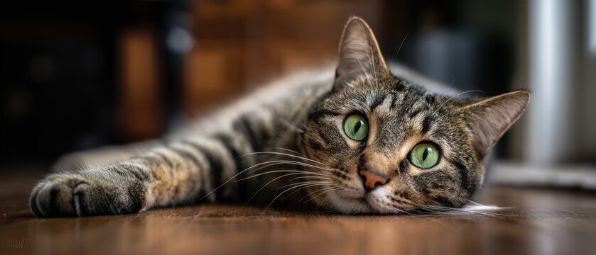 The adorable tabby cat lounging comfortably on a wooden floor.