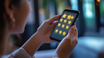 A person holds a smartphone displaying a five-star rating system with multiple gold stars on the screen.
