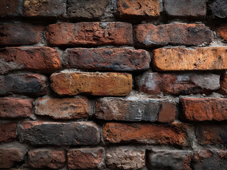 Obraz premium Close-up of an old, weathered red brick wall with varied sizes and irregular shapes Natural lighting, soft shadows, photorealistic style, and a slight angle suggest daylight No text v - AI-Generated