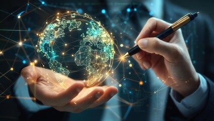 A hand holding a holographic Earth