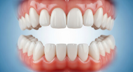 Obraz premium A close-up of bright white teeth set against a gentle sky-blue background, symbolizing oral hygiene, freshness, and confidence.