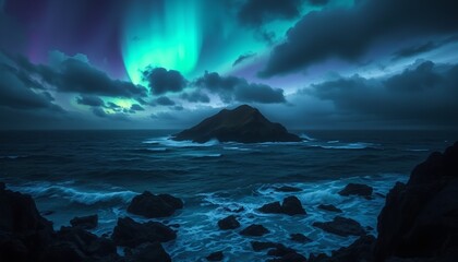 Waves crash against the rocky shore as the aurora borealis illuminates the night.