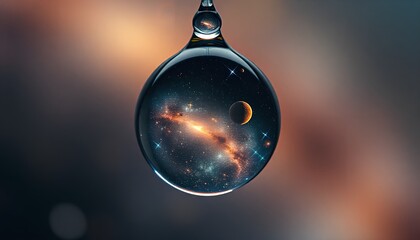 Detailed reflection of celestial bodies in a hanging water droplet.