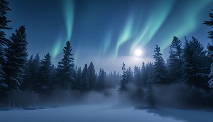 Aurora borealis illuminates a winter forest, creating a magical atmosphere. 