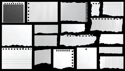 Assorted ripped and torn pieces of lined and blank paper on black background