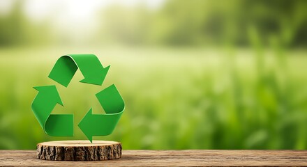 Green Recycling Symbol on Tree Stump – Eco-Friendly Concept Art with Natural Background