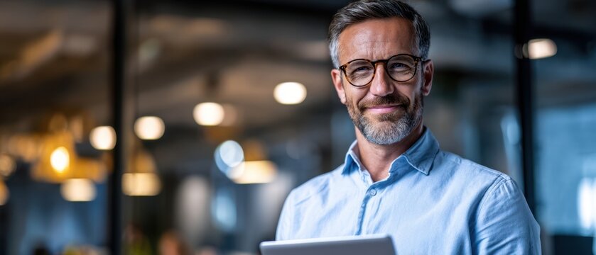 The confident businessman holding a tablet in a modern office environment. - Powered by Adobe