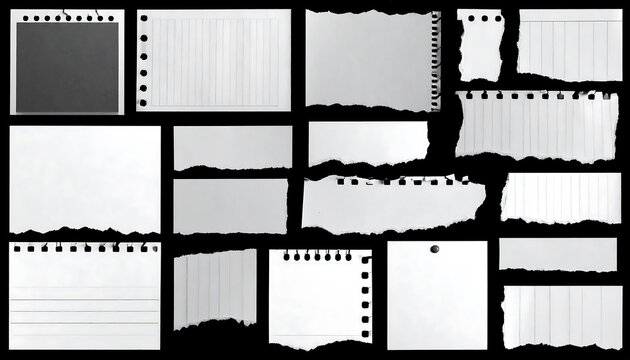 Assorted ripped and torn pieces of lined and blank paper on black background
