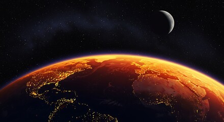 Digital Illustration of Earth’s Night Lights from Space with Moon and Stars – A Global Perspective on Humanity and the Cosmos