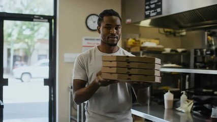 Man carrying pizza boxes in restaurant kitchen