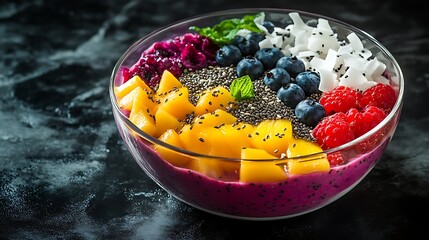 Vibrant Rainbow Smoothie Bowl Collection with Fresh Tropical Fruits Dragon Fruit Mango and Berries Garnished with Chia Seeds and Coconut Flakes. Generative Ai
