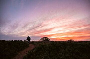 Fototapeta premium Silhouette of a man walking on the footpath of an island towards amazing sunset, Griffiths Island, Port Fairy, Great Ocean Road, Victoria, Australia