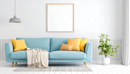 Light-blue couch in a bright living room