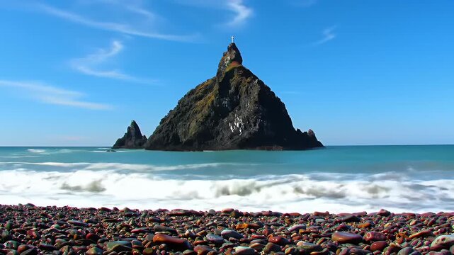 Scenic Black Rock Formation on the Coast of Iceland Under a Blue Sky with Sea Waves and a Pebble Beach in the