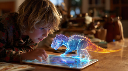 Child is captivated by holographic dinosaur on tablet, showcasing wonder and curiosity