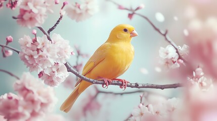 Vibrant Yellow Canary Perched on Cherry Blossom Branch Against Soft Bokeh Background Perfect for Nature and Wildlife Photography. Generative Ai