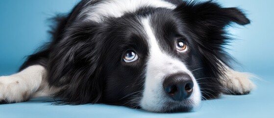 Obraz premium The charming border collie with expressive eyes lying on a blue background.