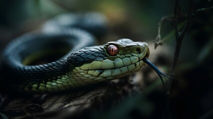 Obraz premium Close up of a green snake with red eyes in a natural setting