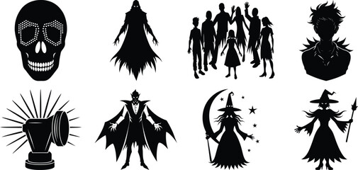 Halloween Icons Black Silhouettes spooky bundle  isolated on transparent or white background